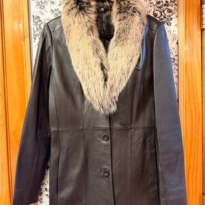 Women's Black Leather Coat with Fox Fur Collar